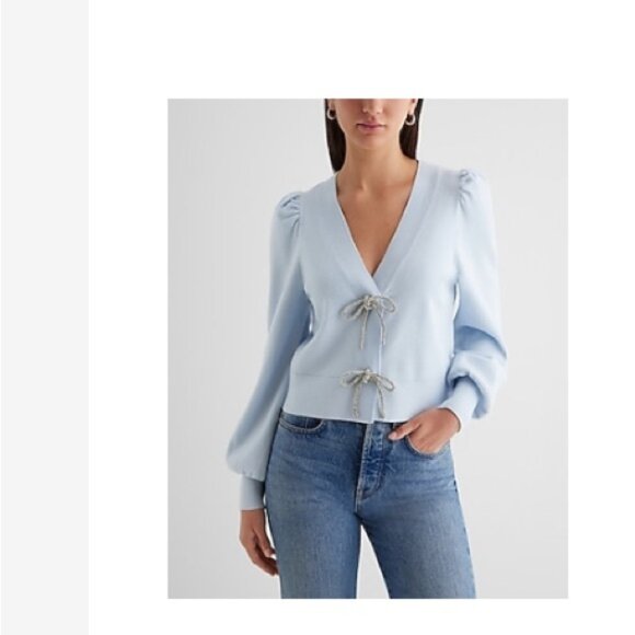 NWT Express v-neck embellished bow cardigan, chill blue, size xl - Picture 8 of 8